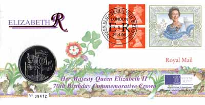 1996 GB - QEII 70th Anniv Pane - �5 Coin Cover (Royal Mint)
